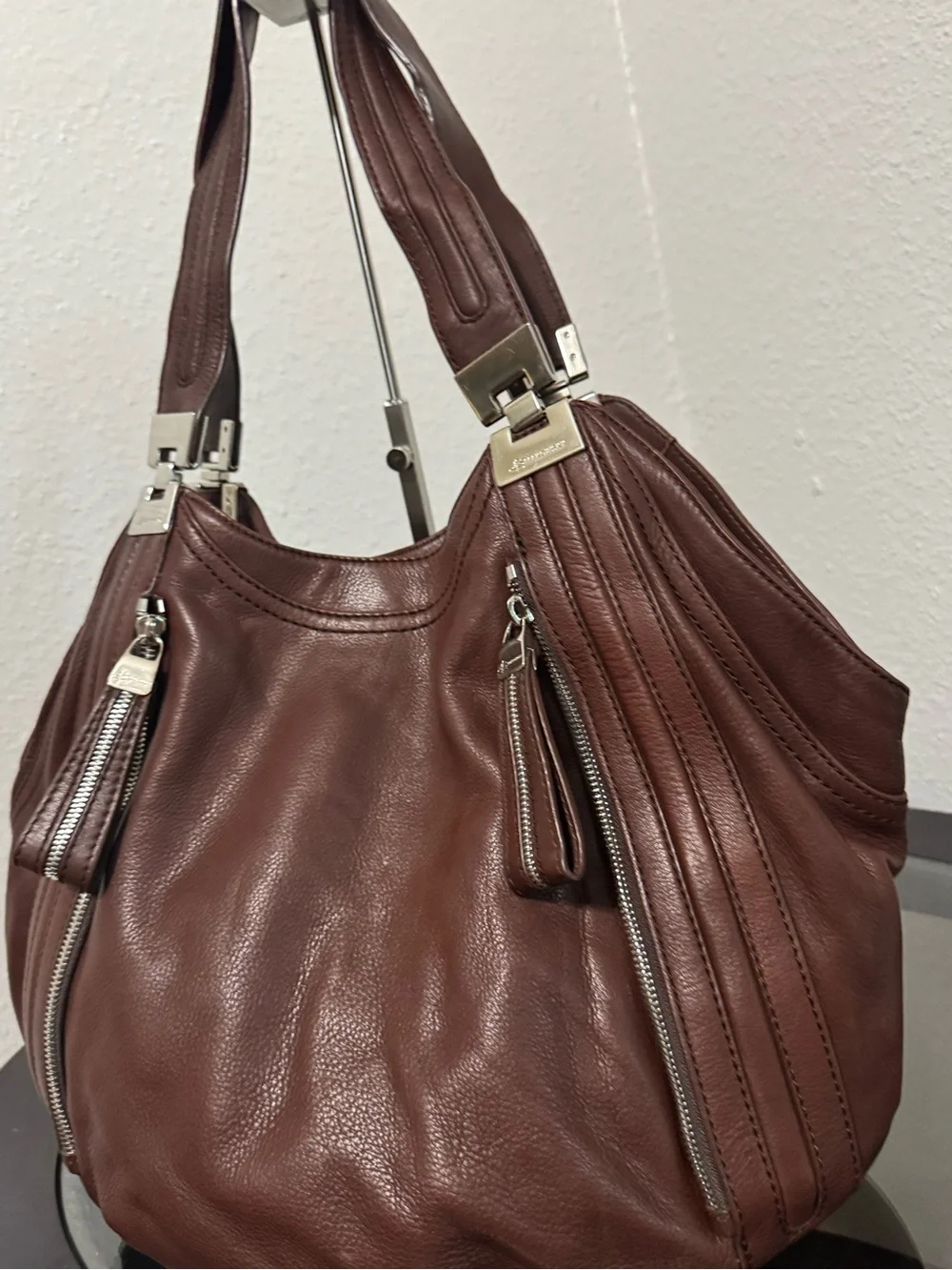 b. makowsky Chocolate Brown Pebbled Leather Hobo